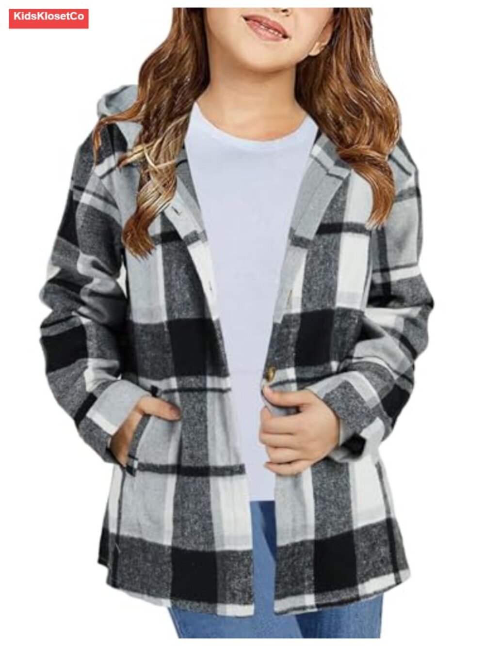 Girls Plaid Flannel Hooded Shacket Jacket with Pockets Long Sleeve Button Down